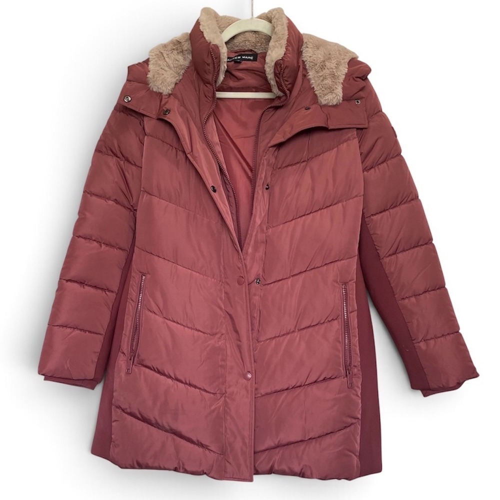 Andrew Marc Womens Puffer Jacket Mauve Rose Faux Fur Hood Sorona Insulated Coat